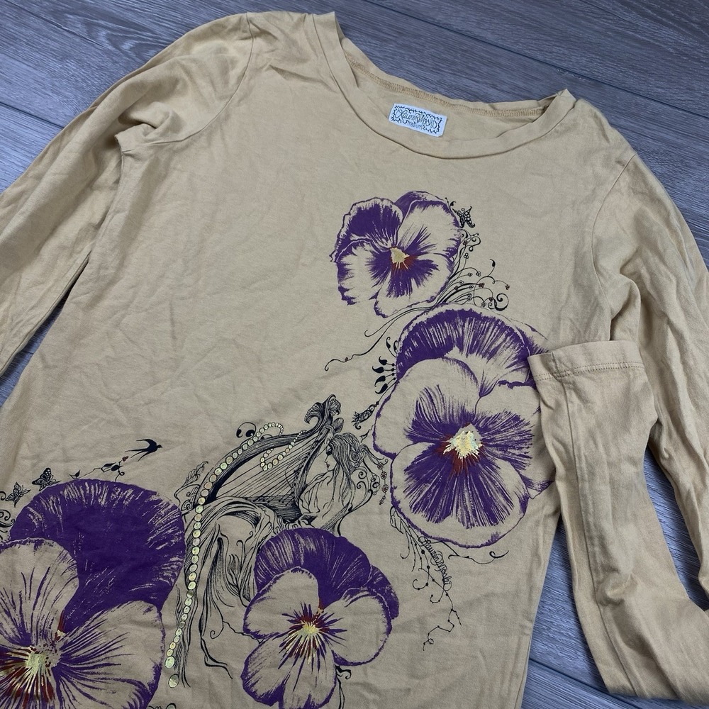 Lauren Moshi Women's Long Sleeve T-Shirt Yellow Purple Floral Medium USA